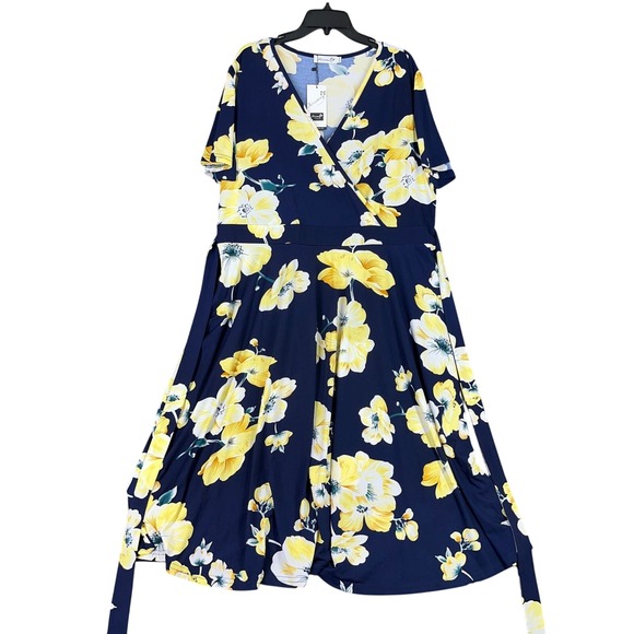 Kissmay Fit and flare Dress 22W Faux Wrap Midi Floral Summer Flowy Garden Party - Picture 1 of 10